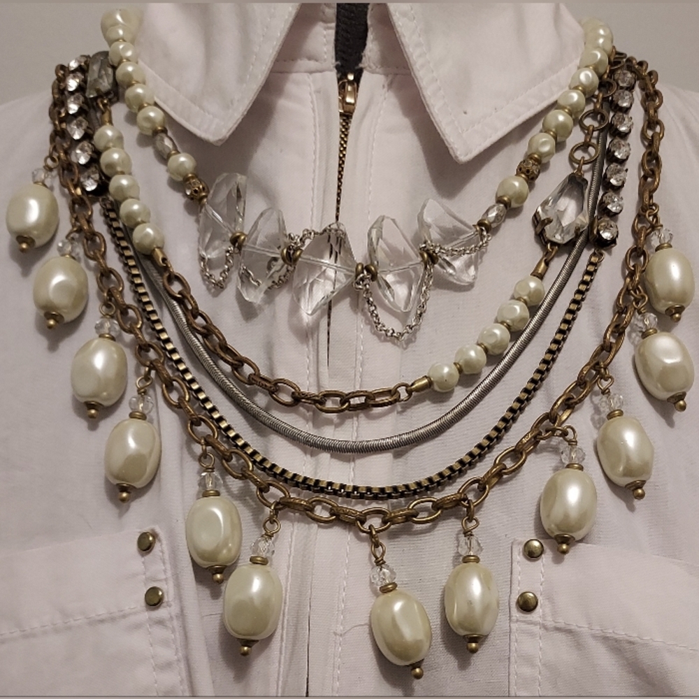 Silpada K&R Statement Necklace Crystal Pearl Antiqued Gold Layered Signed 22in.